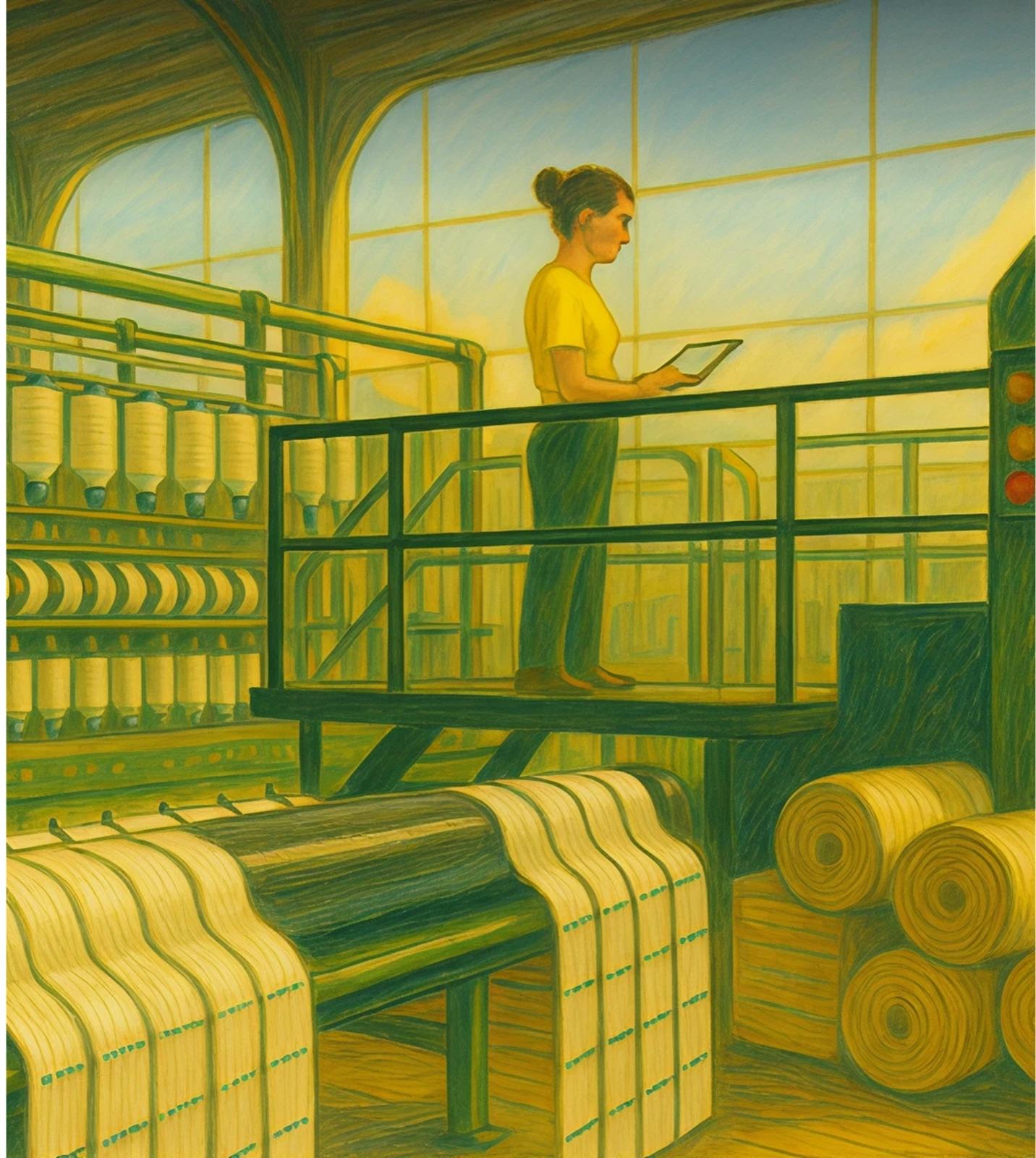 A woman with a tablet on a platform above spinning machines and rolls of fabric